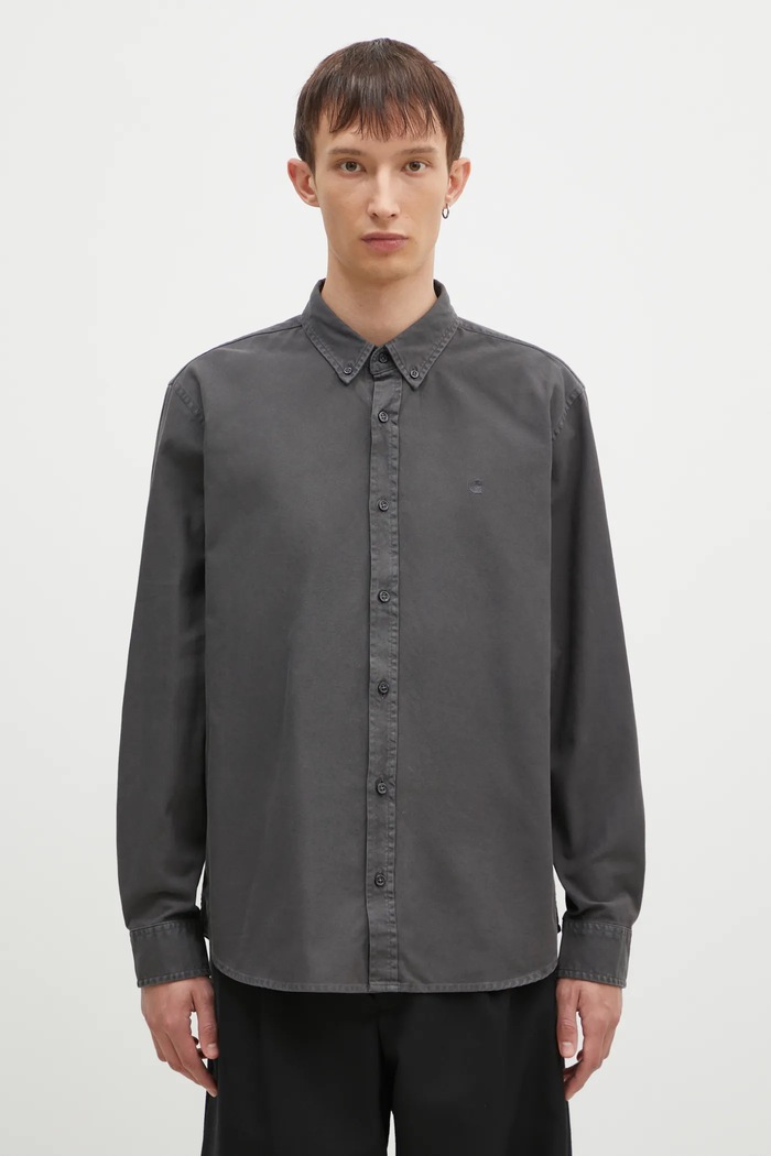 Хлопковая рубашка Carhartt WIP Longsleeve Bolton Shirt гладкий серый I030238.87GD