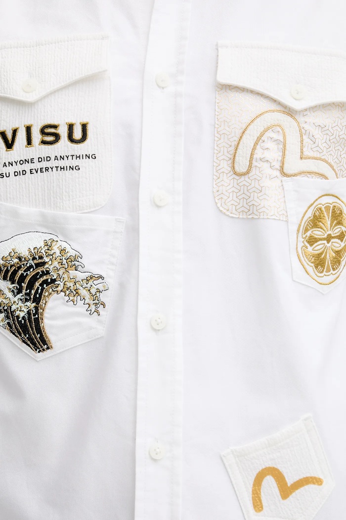 Evisu cămașă din bumbac Evisu Logos & Wave Emb 2EAHTM4SL7040 alb