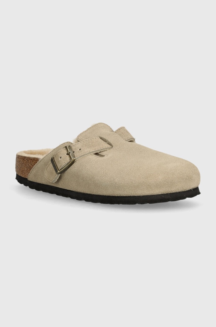Birkenstock papuci din piele Boston Shearling piele întoarsă bej 1028299