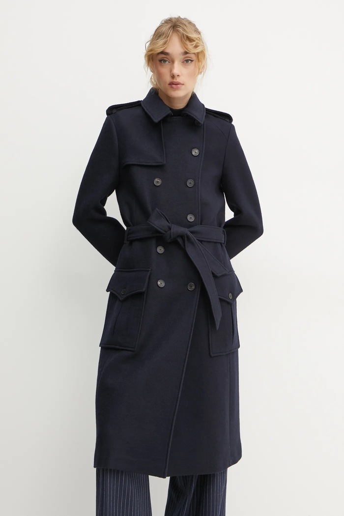 The Kooples płaszcz wełniany bez kaptura granatowy FTRE29003K