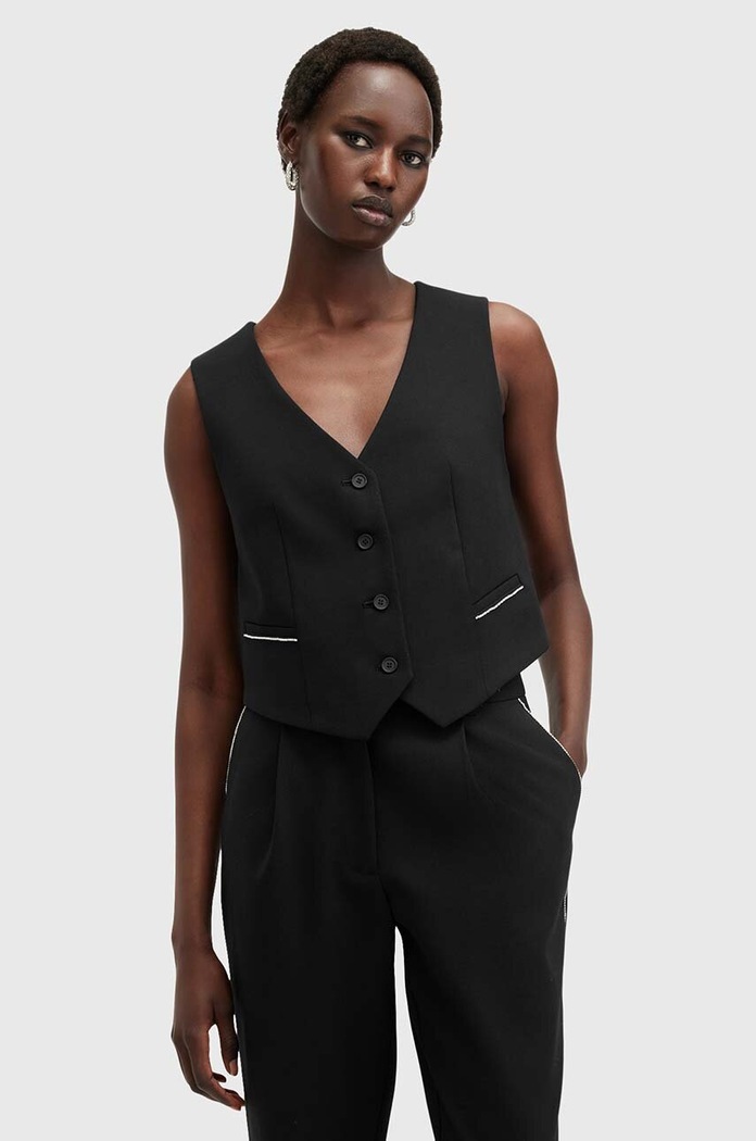 Γιλέκο από μείγμα μαλλιού AllSaints ATLAS KRYS WAISTCOAT πλεκτό ύφασμα μαύρο W006QB