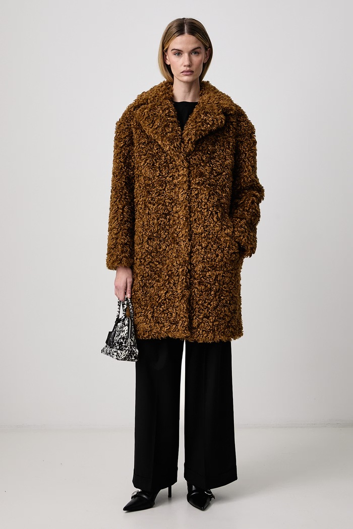 Stand Studio Haină de blană artificială pentru femei Camille Cocoon Coat 61137.9061 maro AW25