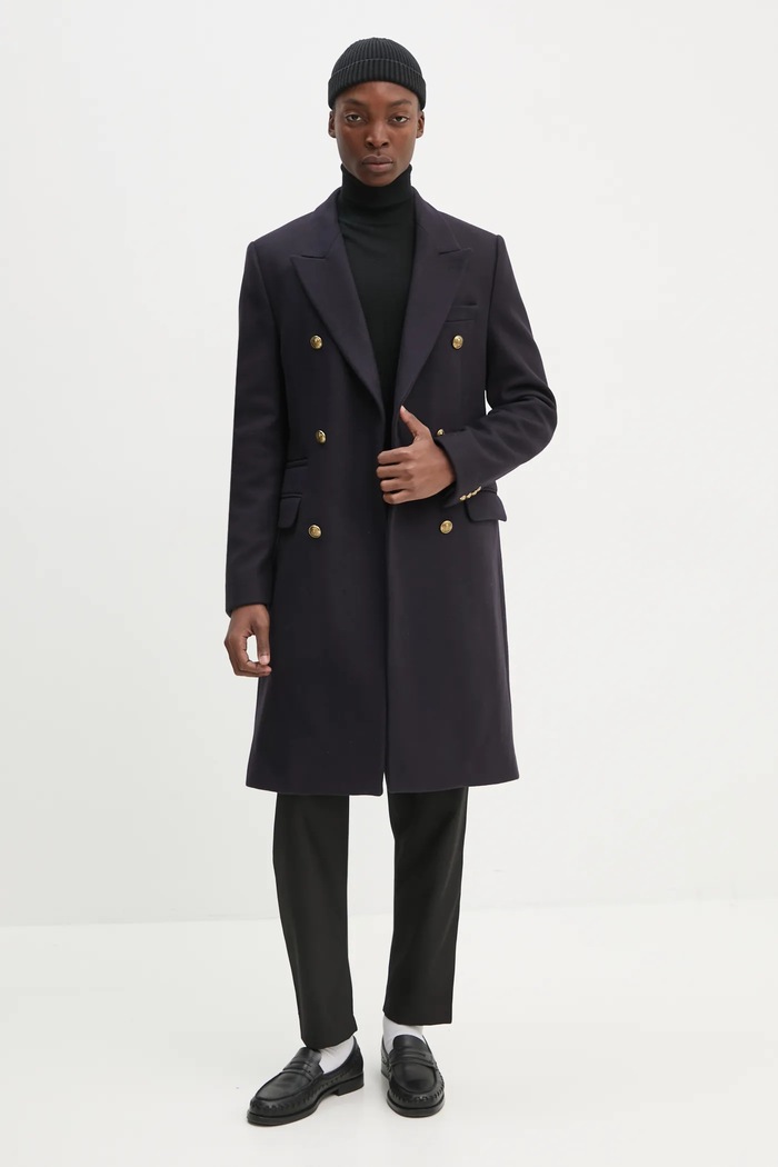 Vlněný kabát The Kooples HMAN29007K námořnická modř AW24