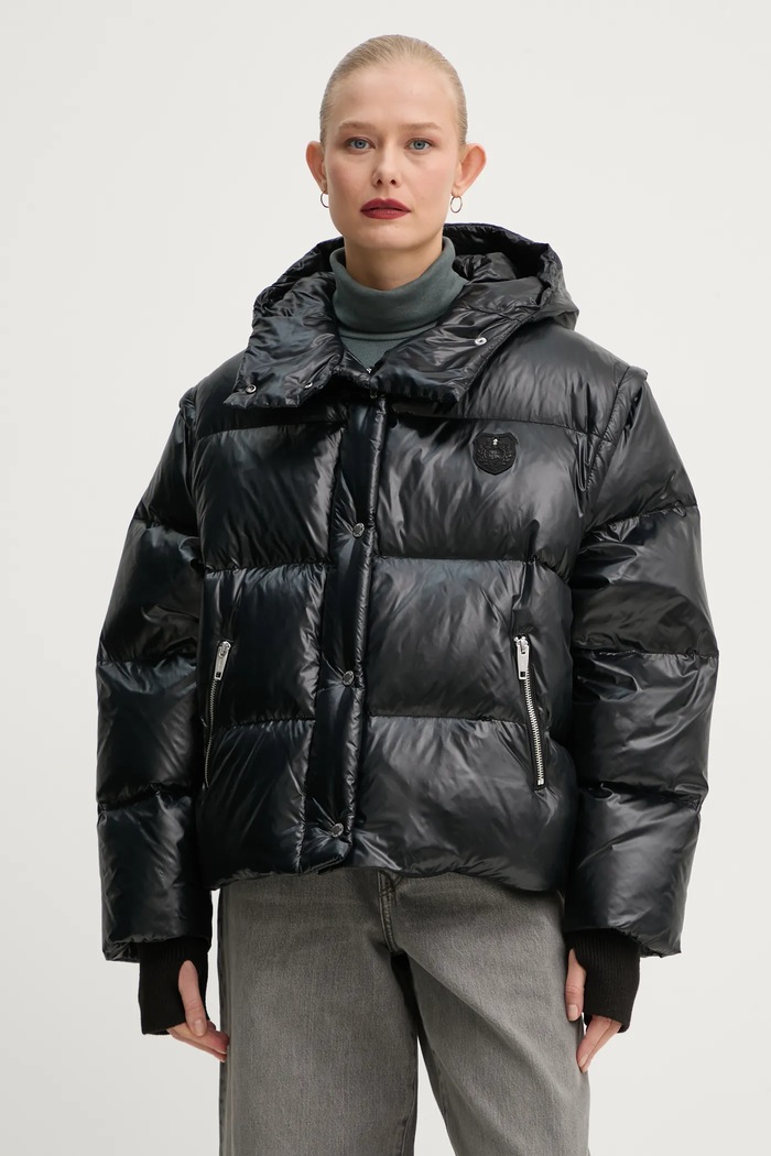 Pernata jakna The Kooples s kapuljačom crna FDOU29000K