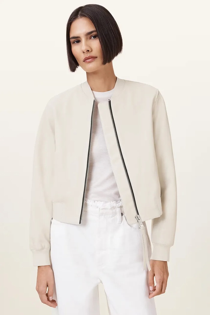 Kožená bunda AllSaints ORTEN BOMBER JACKET nezateplené bílá W072LB