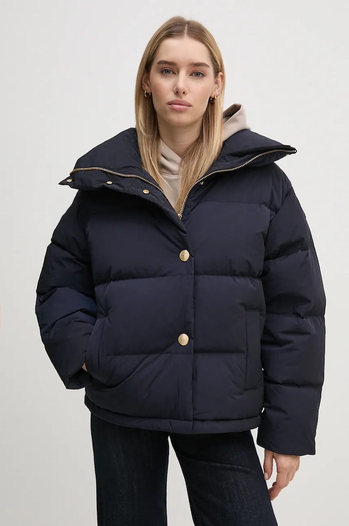 Péřová bunda Tommy Hilfiger bez kapuce námořnická modř WW0WW43158