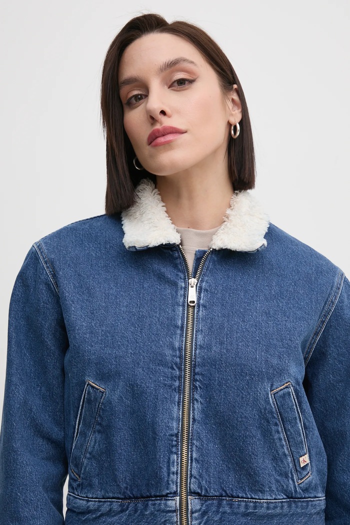 Rifľová bunda Calvin Klein Jeans bez kapucne tmavomodrá J20J224906