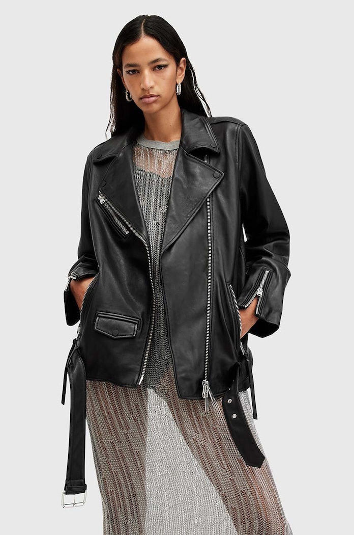 Кожено яке AllSaints BILLIE гладка кожа черен W091LB
