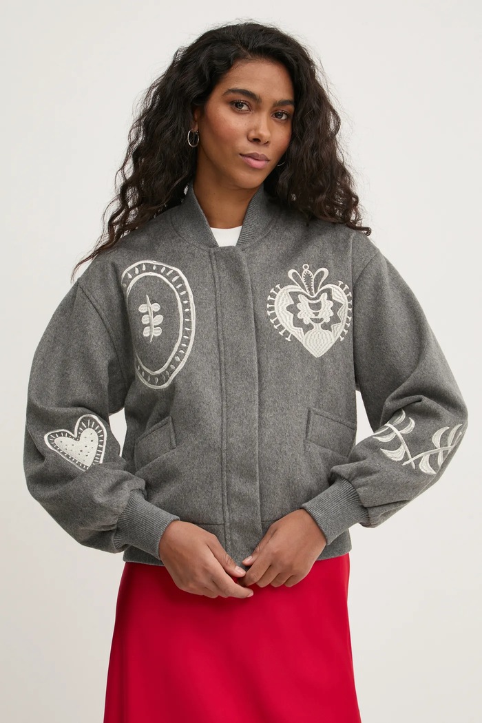 Never Fully Dressed kurtka bomber z domieszką wełny Midnight Romance Bomber bez kaptura szary NFDOU359