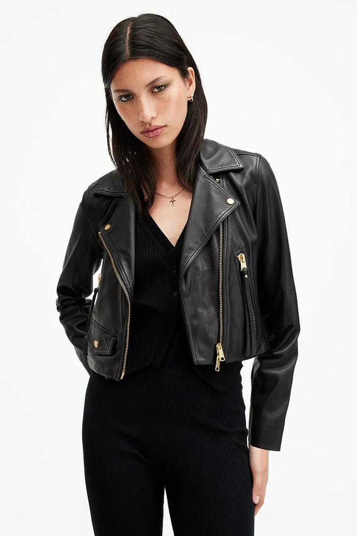 Δερμάτινο μπουφάν AllSaints ELORA λείο δέρμα μαύρο W088LB