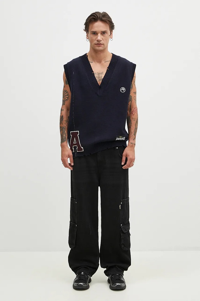 Volnen telovnik AMBUSH Repair Stitch V Neck Vest BMHZ002F24KNI0014628 mornarsko modra