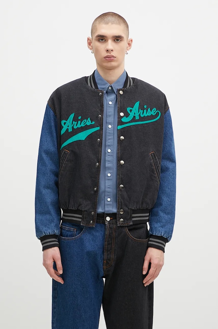 Džínová bomber bunda Aries Varsity Denim Jacket riflovina černá AR7030302