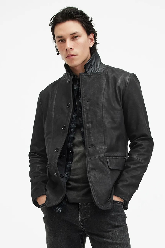 Kožená bunda AllSaints SURVEY LTHR BLAZER nezateplené černá M061LB