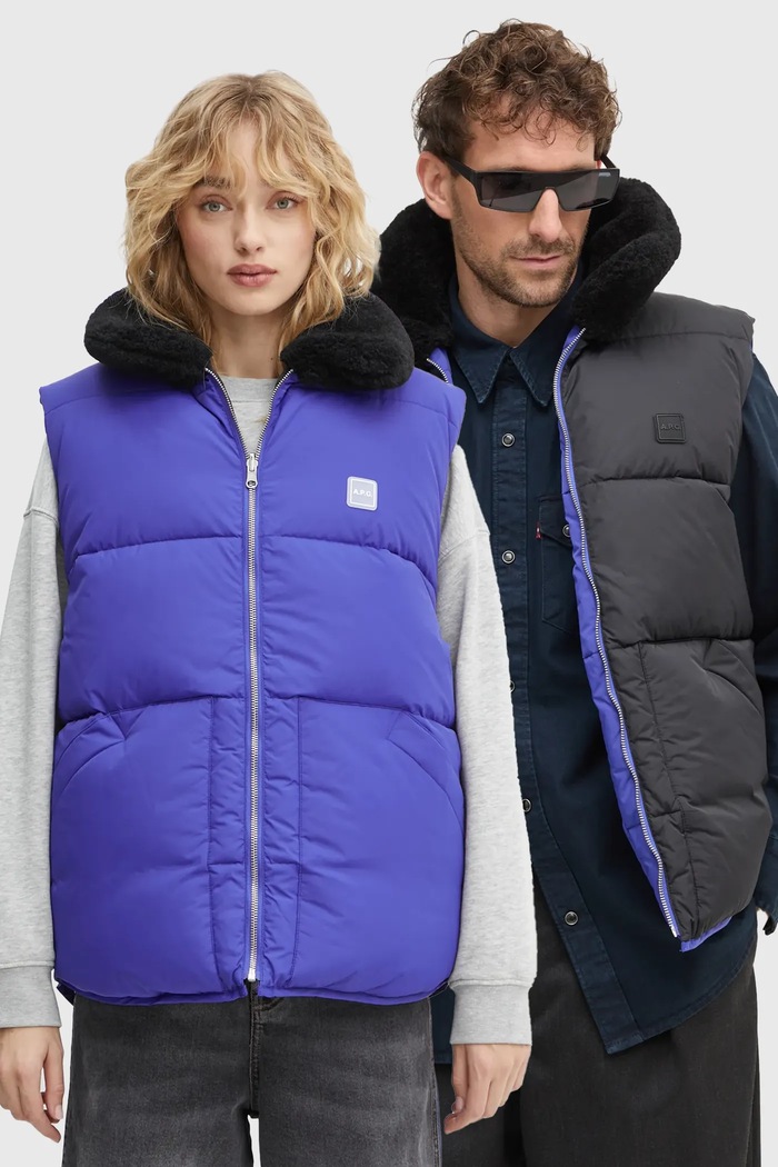 Obojstranná vesta A.P.C. doudoune teddy zateplené modrá PAAFW.M30201