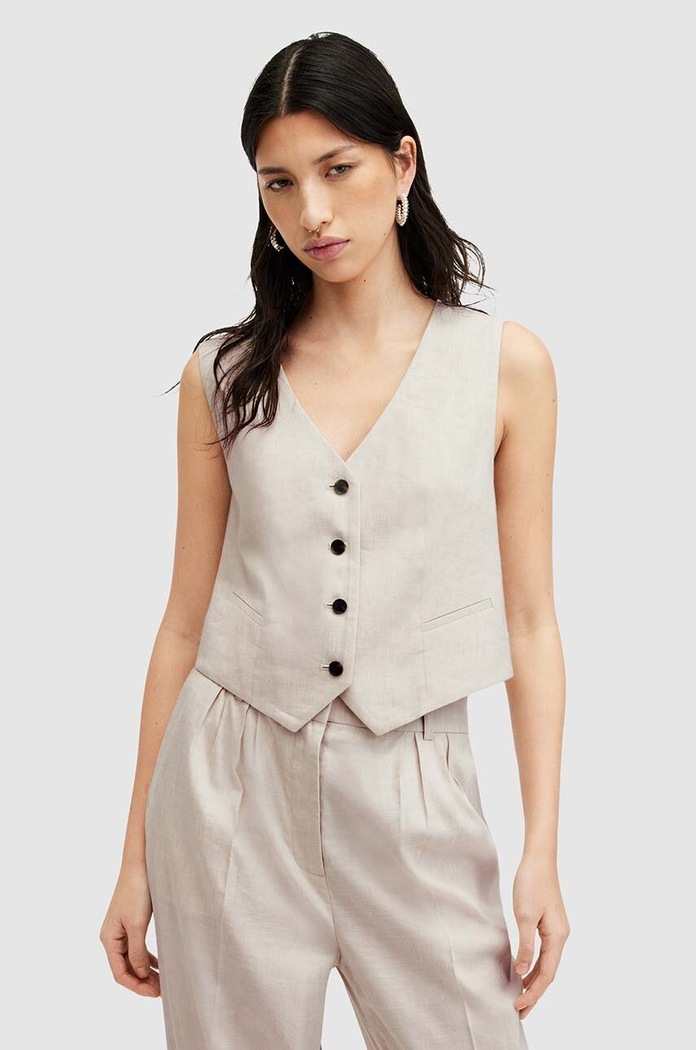 AllSaints kamizelka lniana WHITNEY WAISTCOAT tkanina beżowy W035QA