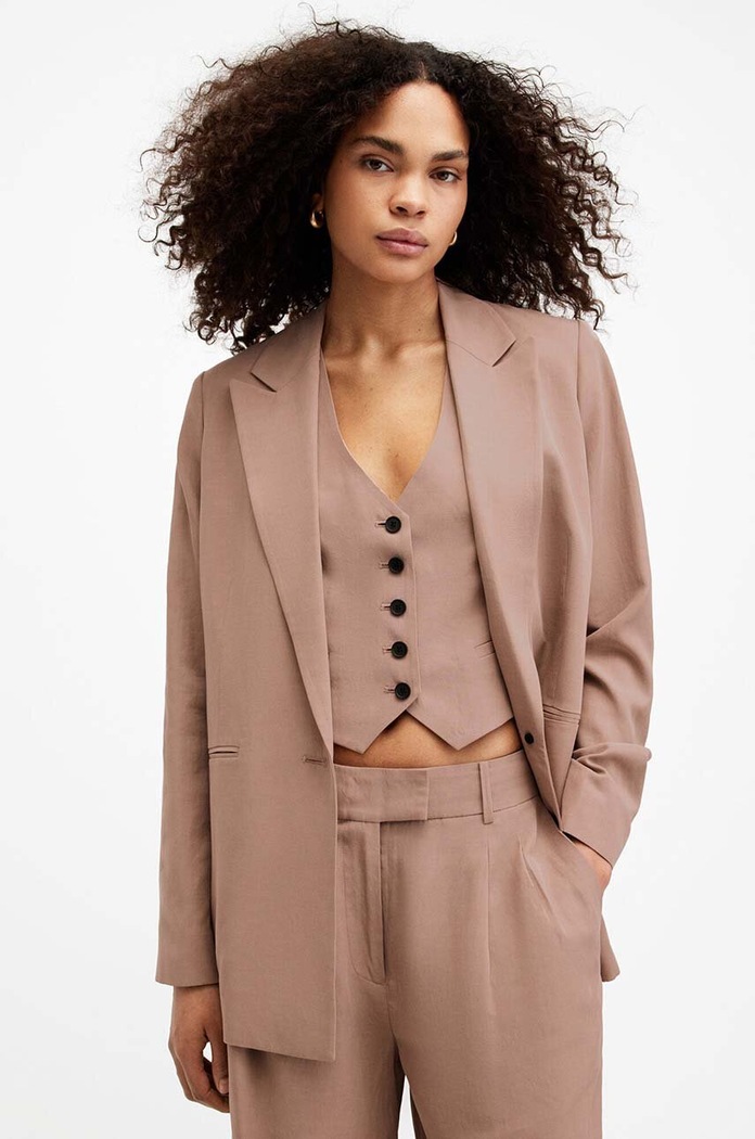 AllSaints marynarka z domieszką lnu DERI LYN tkanina brązowy WT521Z