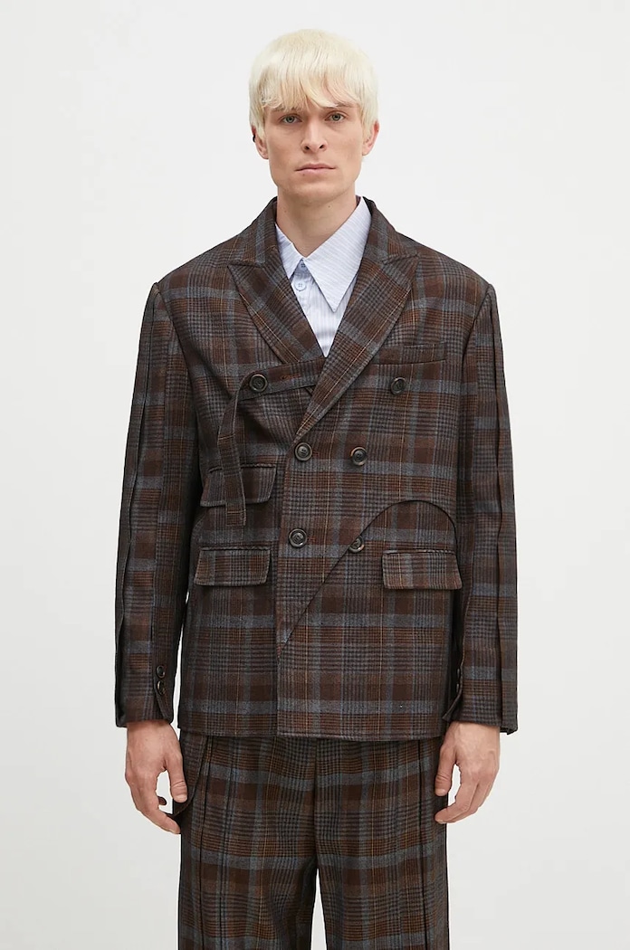 Вълнено сако Andersson Bell Soe Check Wrap Double Breasted Jacket свободна кафяв awa628m
