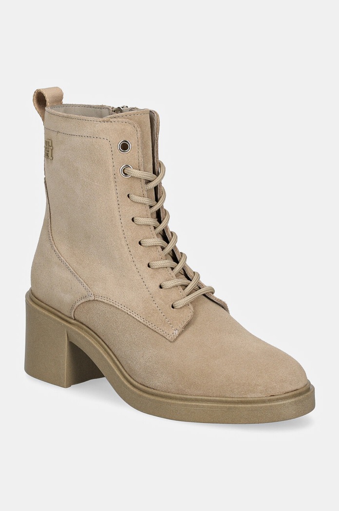 Σουέτ μπότες Tommy Hilfiger SUEDE MID HEEL LACEUP LOGOTAPE 5-8 cm μπεζ FW0FW08090