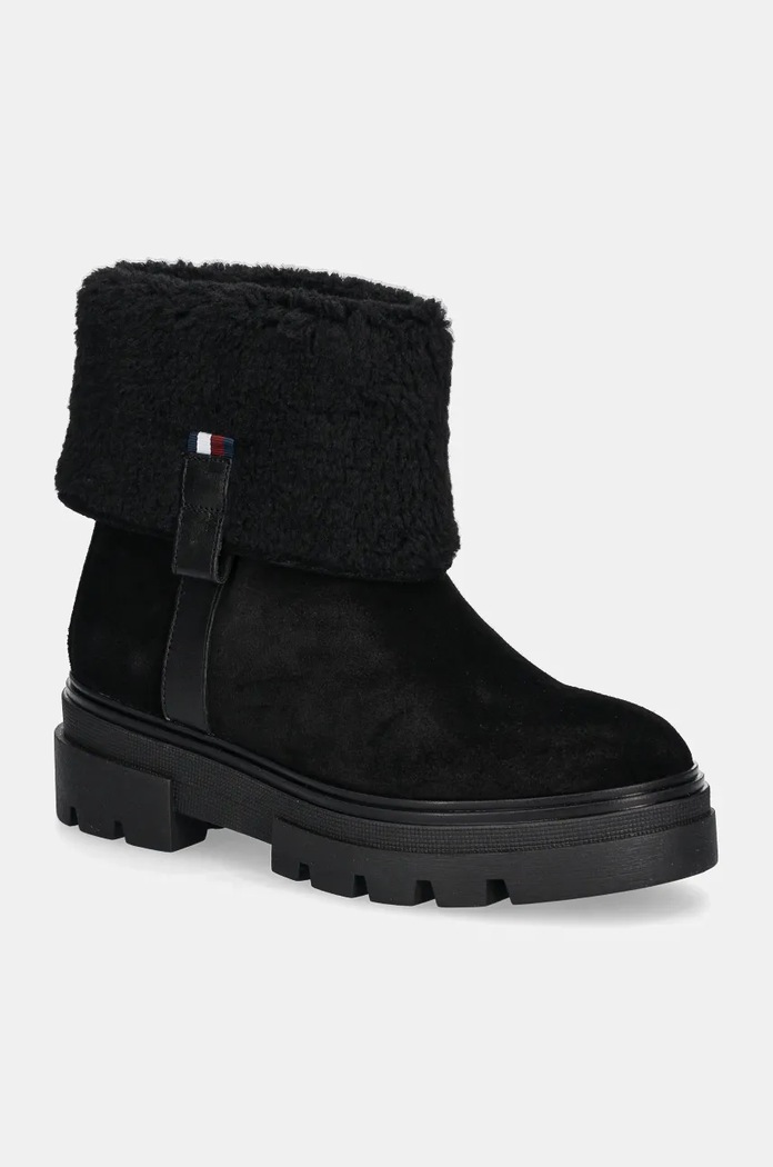 Σουέτ μπότες Tommy Hilfiger FAUX FUR SUEDE ROLL-DOWN BOOT φλατ μαύρο FW0FW08158