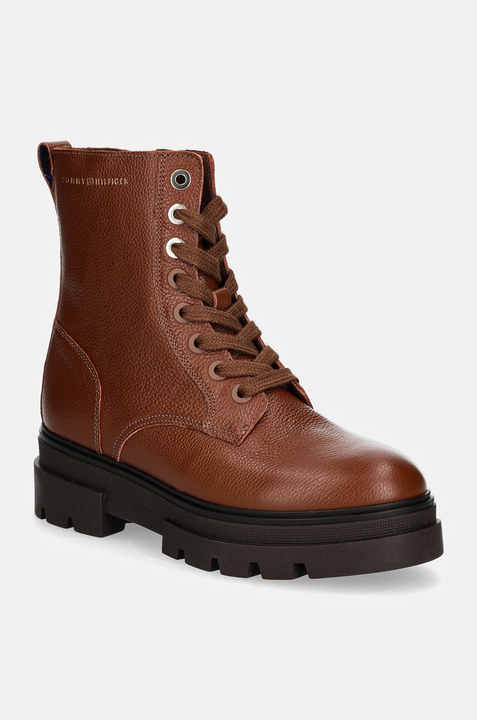Tommy Hilfiger botki skórzane BICOLOR LEATHER LACE-UP płaski brązowy FW0FW08160