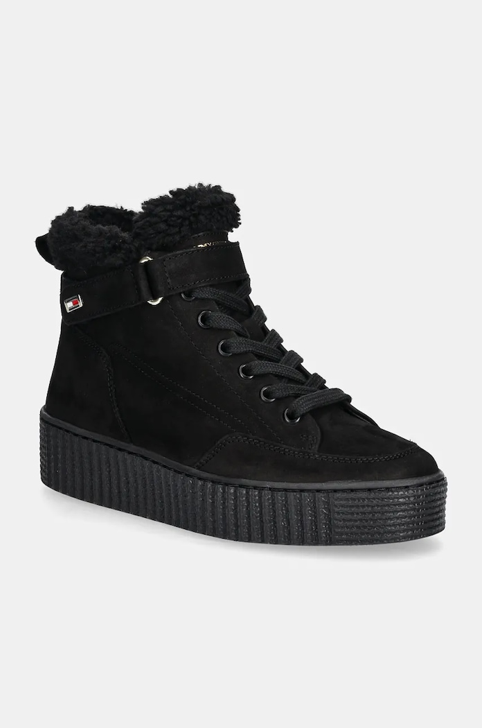 Σουέτ μπότες Tommy Hilfiger FAUX FUR NUBUCK LOW LACE-UP φλατ μαύρο FW0FW08172