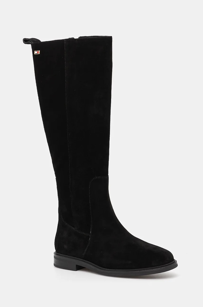 Tommy Hilfiger csizma velúrból FLAG SUEDE LONG BOOT ZIP nem szigetelt fekete FW0FW08178