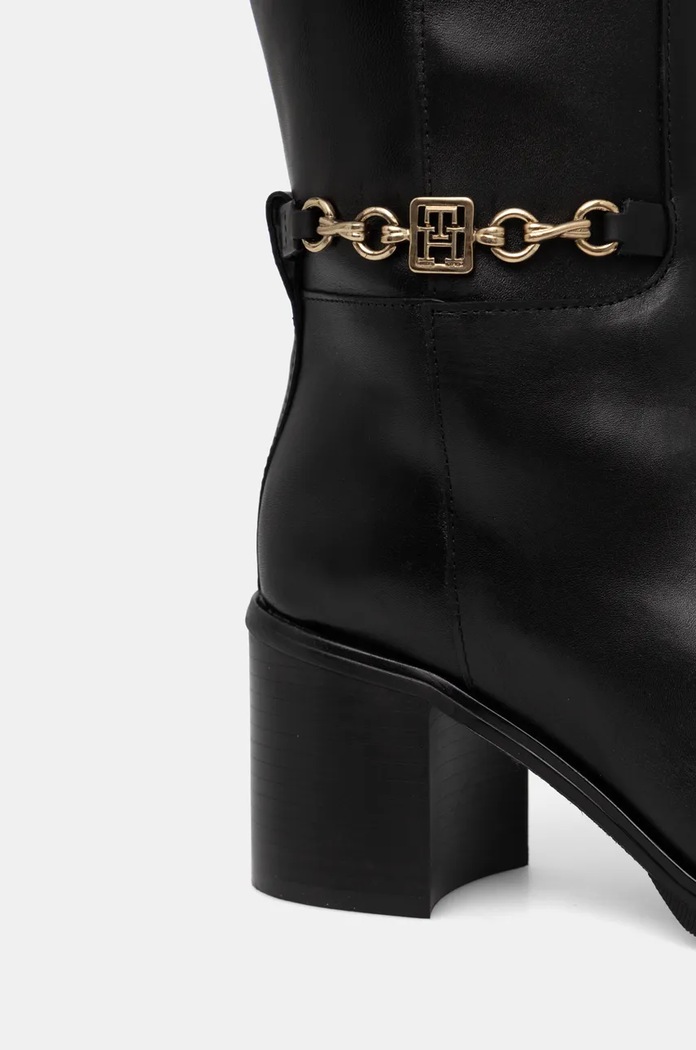 Kožené kozačky Tommy Hilfiger TH CHAIN LEATHER LONG BOOT černá FW0FW08182