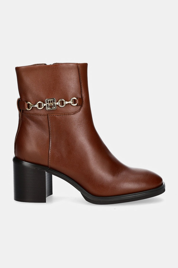 Usnjeni gležnarji Tommy Hilfiger TH CHAIN LEATHER MID HEEL BOOTIE FW0FW08183 rjava NC24