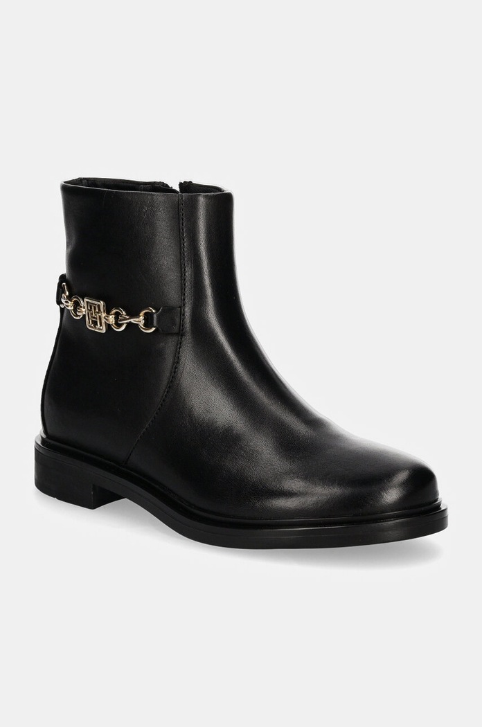 Kožené kotníkové boty Tommy Hilfiger TH CHAIN LEATHER LOW BOOTIE nezateplené černá FW0FW08251