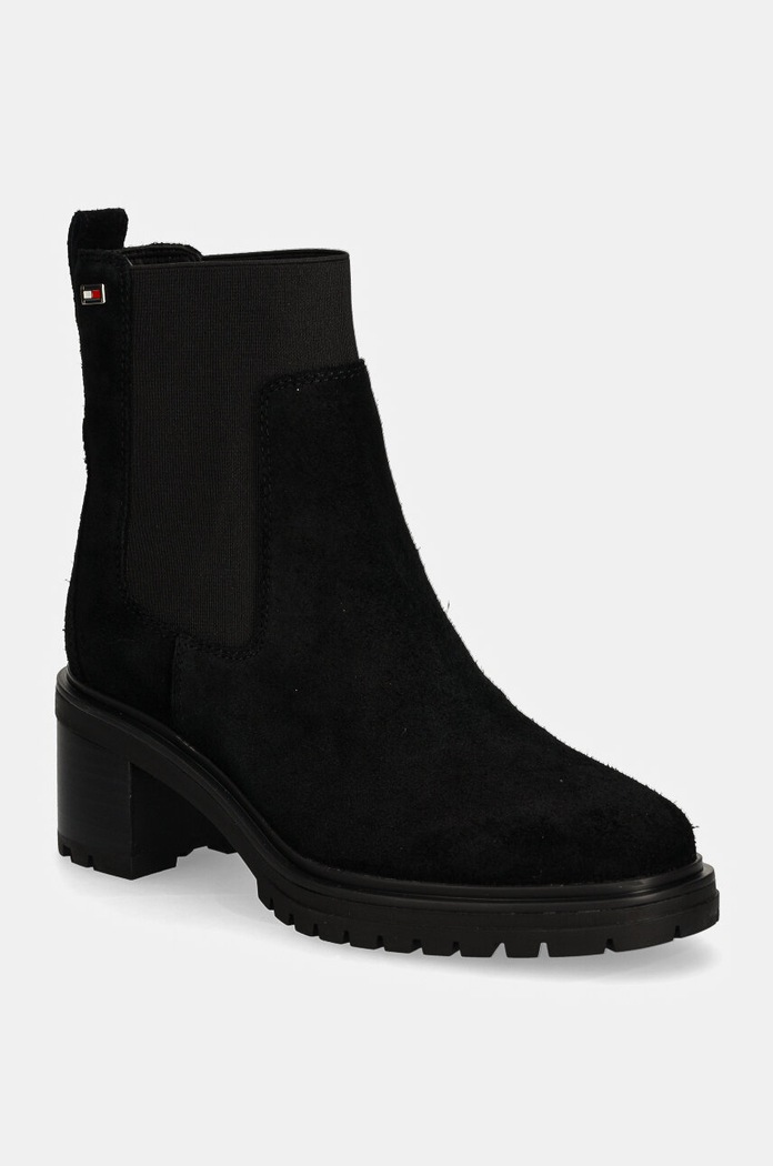 Gležnjače od brušene kože Tommy Hilfiger FLAG MID HEEL SUEDE CHELSEA bez kopčanja crna FW0FW08429