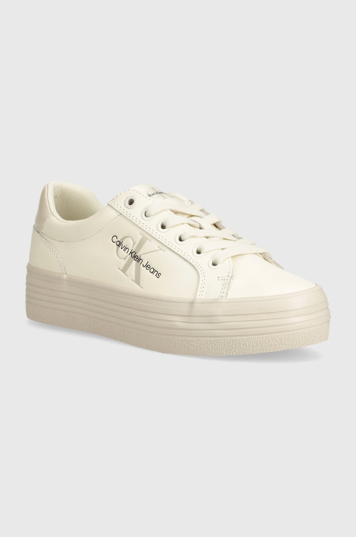 Kožené tenisky Calvin Klein Jeans VULC FLATFORM LACEUP LTH plochá béžová YW0YW01474