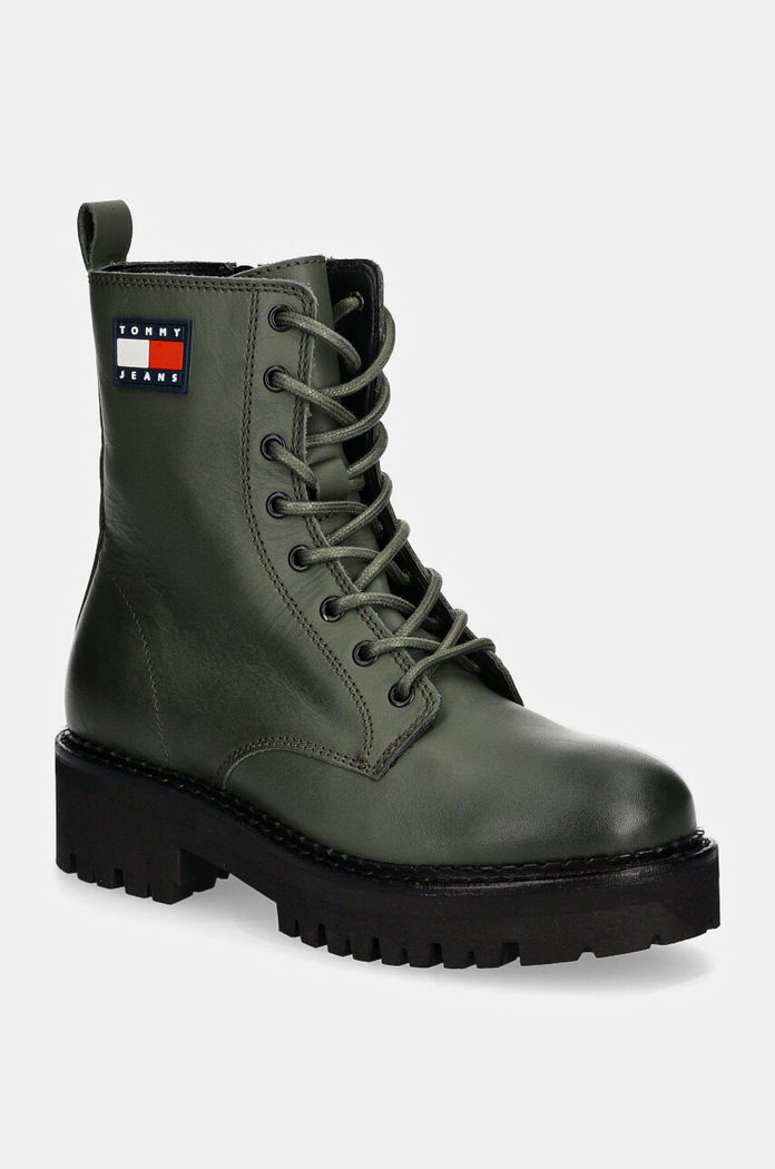 Кожени кубинки Tommy Jeans TJW URBAN LACE UP BOOT гладка кожа зелен EN0EN02628