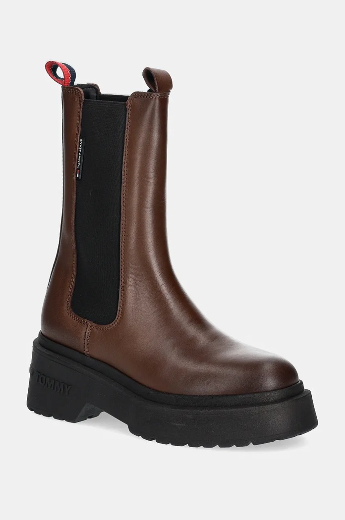 Кожени боти челси Tommy Jeans TJW CHUNKY CHELSEA гладка кожа кафяв EN0EN02635