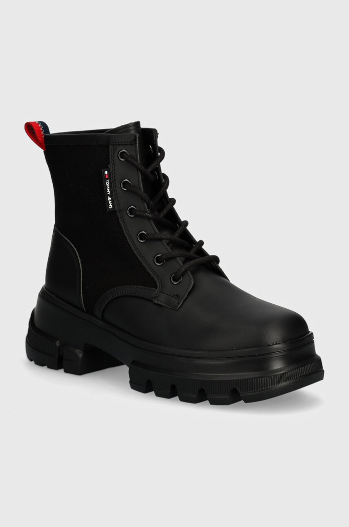 Μποτάκια Tommy Jeans TJW CHUNKY LACE UP BOOT MIX MAT υφασμάτινο μαύρο EN0EN02554