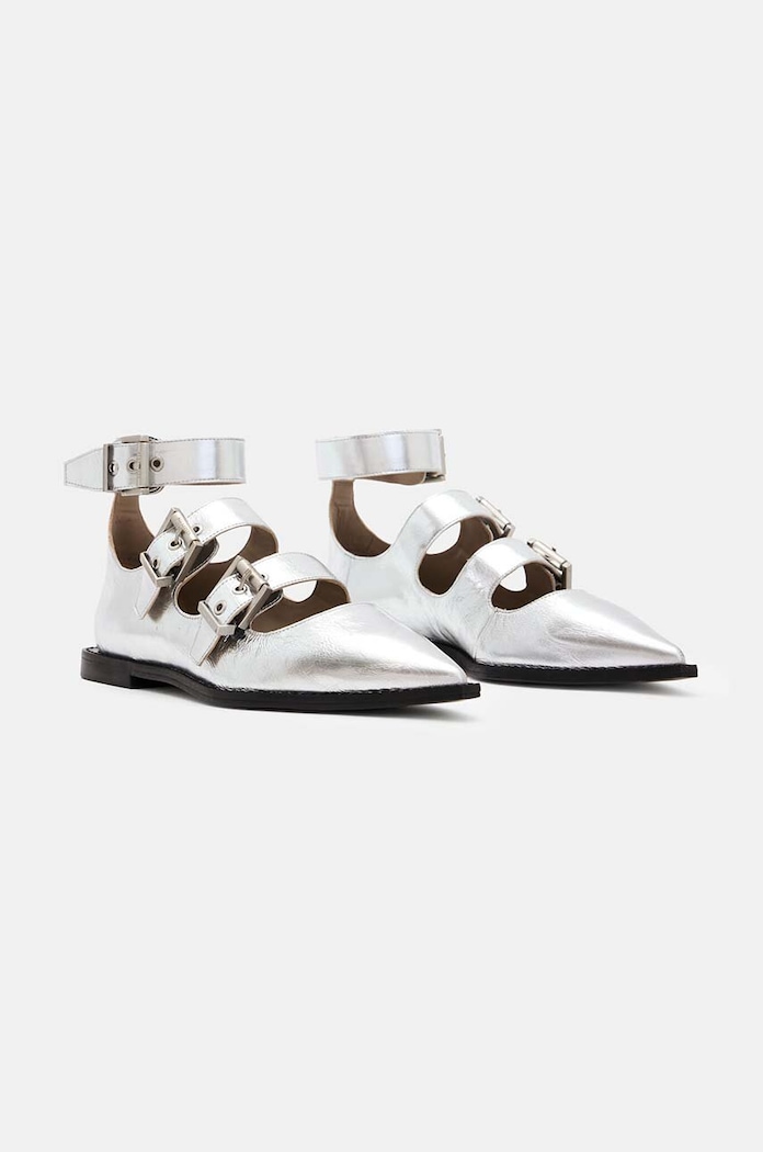 Kožne balerinke AllSaints Susan Buckle Shoe W123FB srebrna AW24