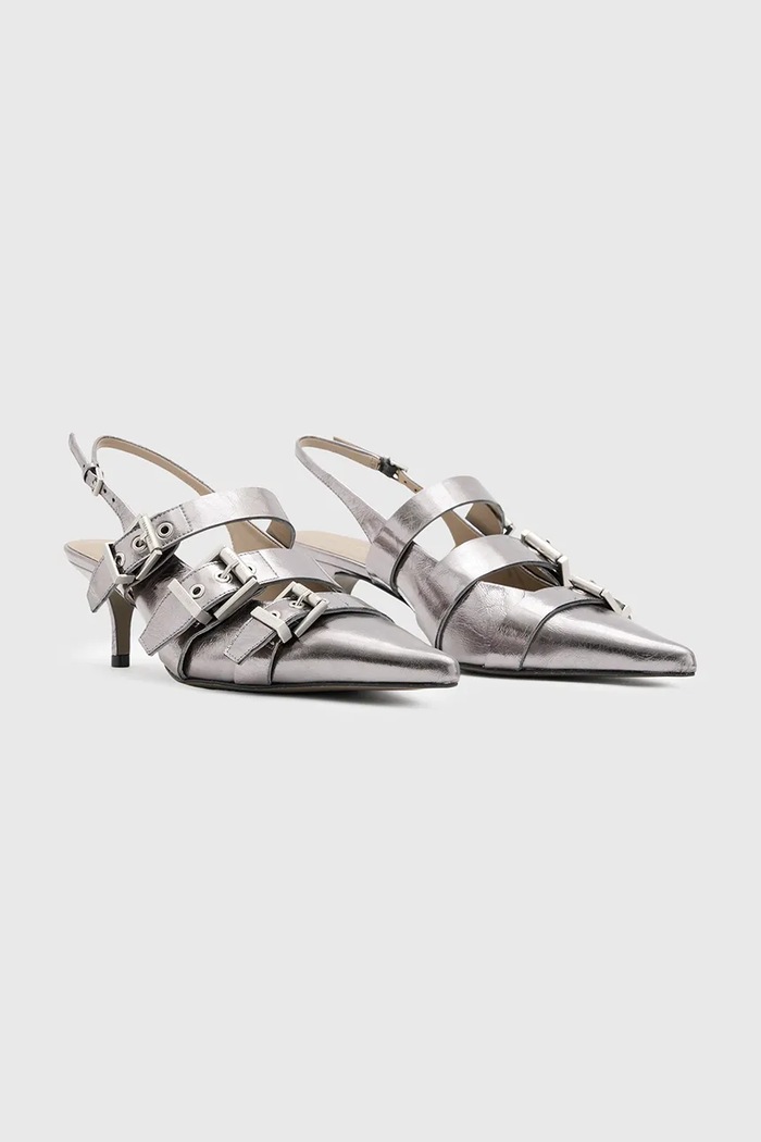 AllSaints stilettos de piele Grace Buckle Heel W150FB argintiu AW24