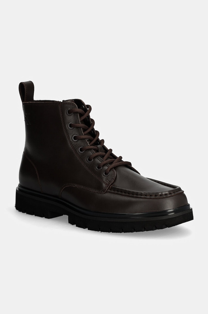 Kožená obuv Calvin Klein Jeans EVA BOOT MID LACEUP UNFORM DRESS jemné zateplenie hnedá YM0YM01073