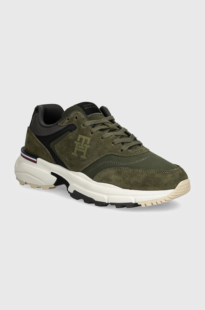 Sneakers boty Tommy Hilfiger M RUNNER X VENTILE MIX semišová kůže zelená FM0FM05062