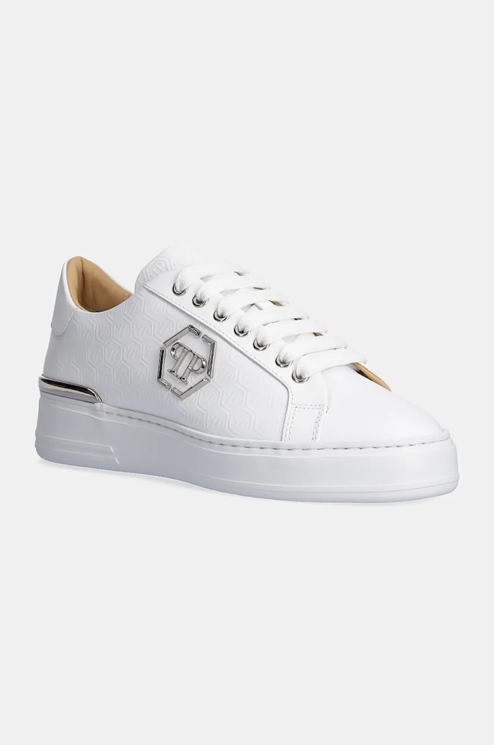 Kožené tenisky Philipp Plein Nappa Lo-Top Monogram plochá bílá USC0665.PLE010N.01