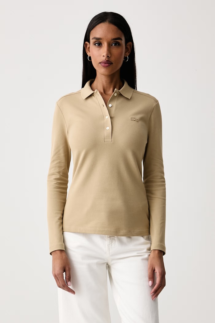 Lacoste Longsleeve damski bawełniany z elastanem beżowy PF5464