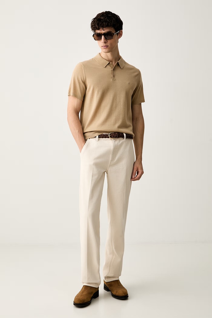 Michael Kors polo męskie wełniane CT460C47AP beżowy AW25