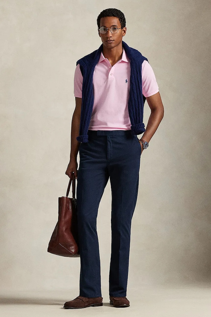 Ρούχα Polo Ralph Lauren πόλο ανδρικό από βαμβάκι με ελαστάν 710941439 ροζ