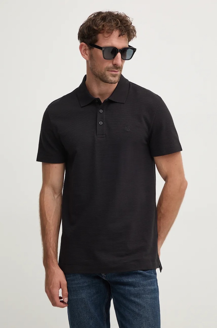 Памучна тениска с яка Calvin Klein Jeans стандартна черен J30J326619