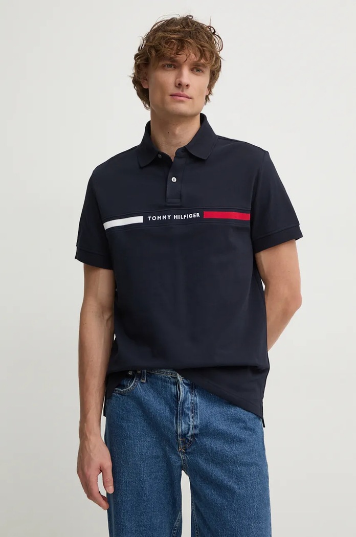 Тениска с яка Tommy Hilfiger щампа тъмносин MW0MW38130