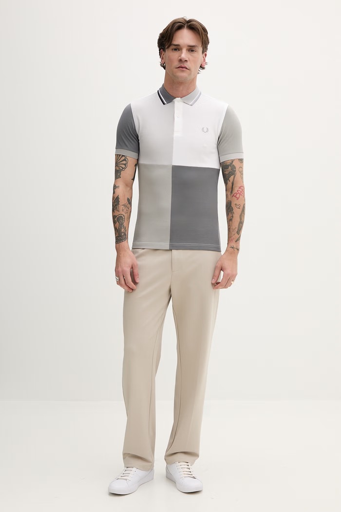 Bombažen polo Fred Perry Beams Grid Design Shirt SM7187.100 siva AW24