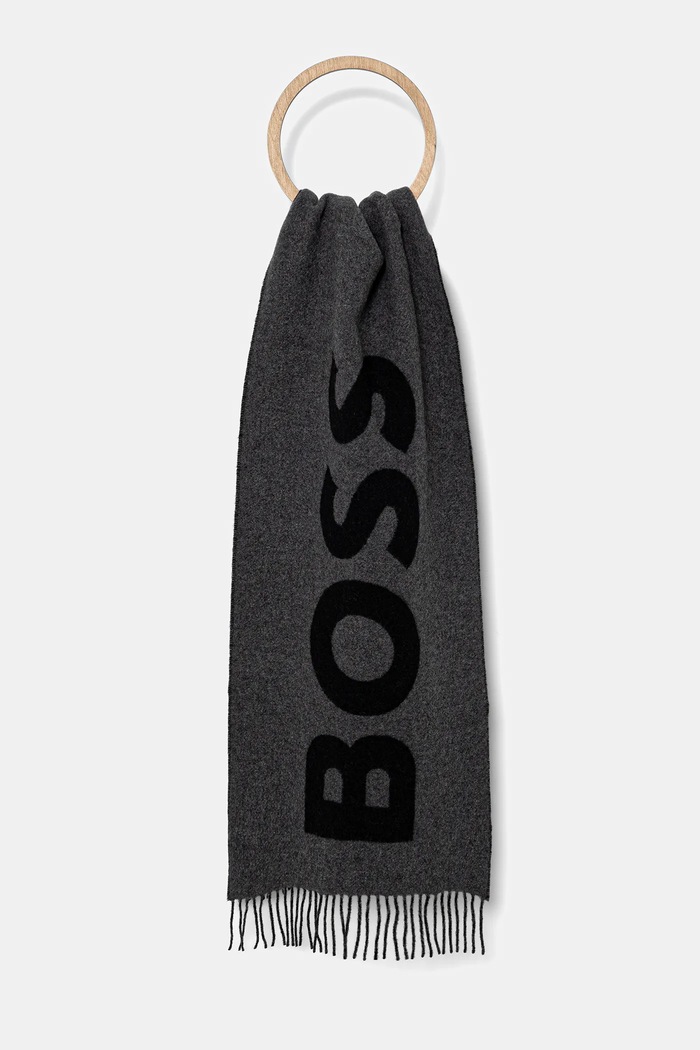 Шерстяной шарф BOSS Rikard_35*180 средней плотности серый 50527099