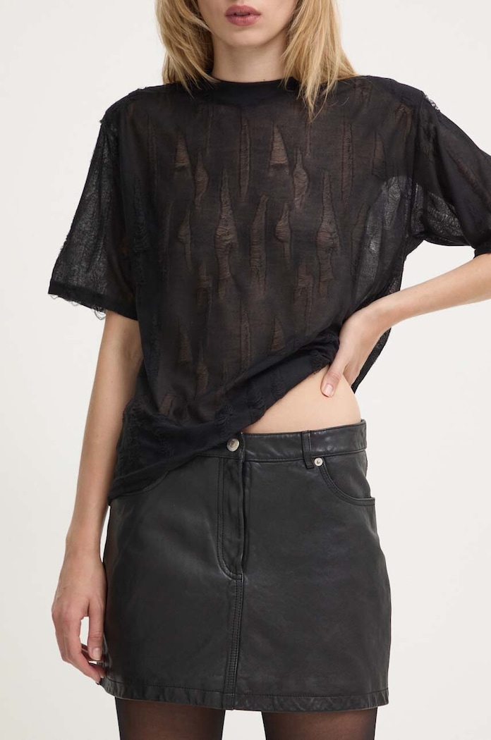 Kožená sukňa The Kooples jednofarebný čierna FJUP29013K