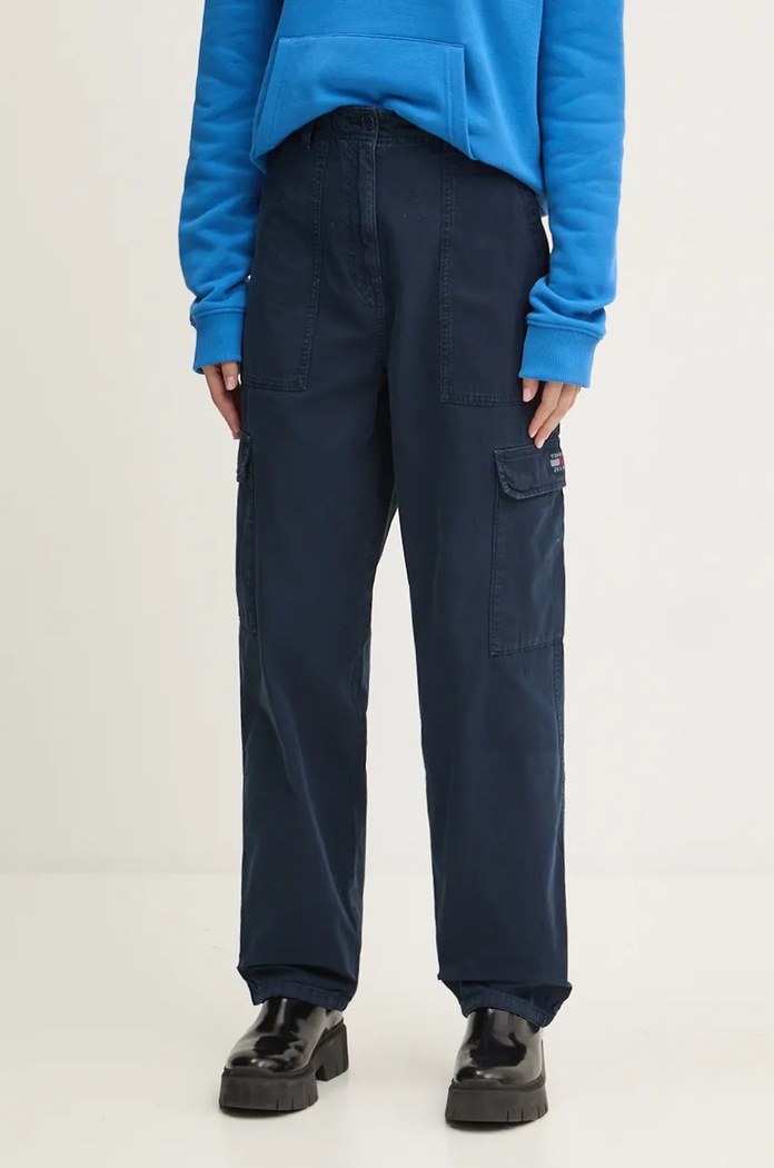 Pamučne hlače Tommy Jeans bez uzorka mornarsko plava DW0DW18510