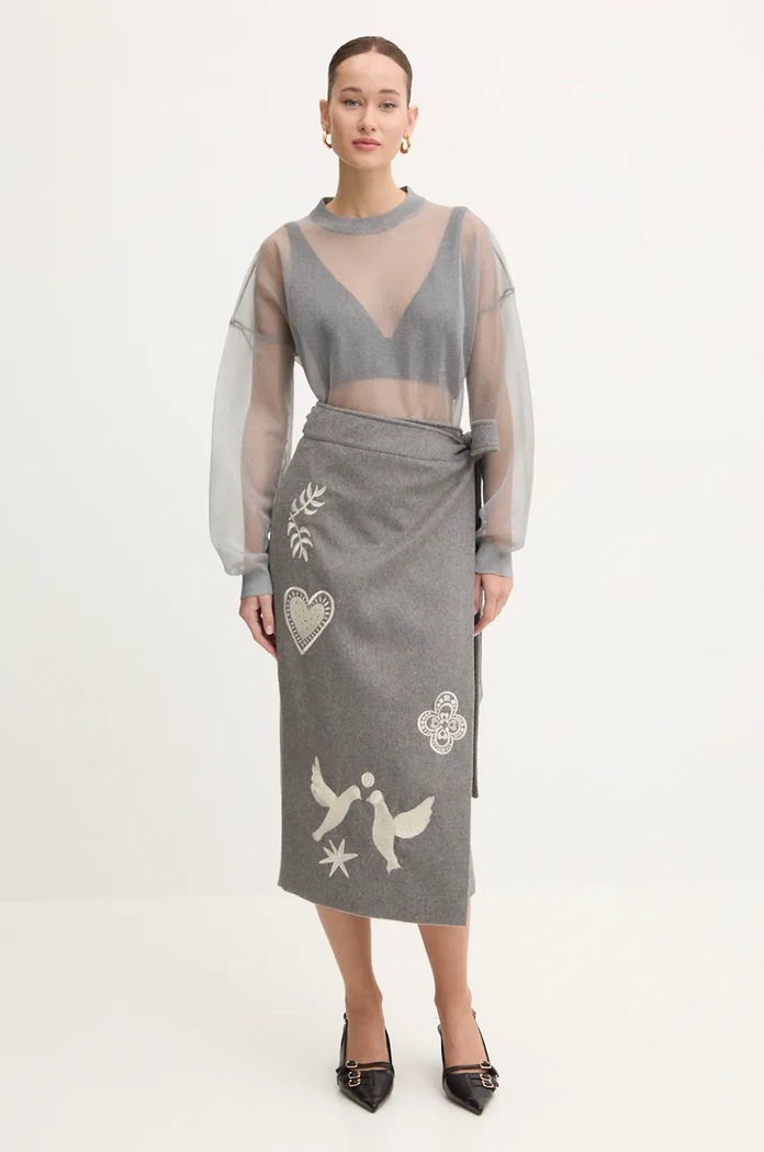 Sukně s příměsí vlny Never Fully Dressed Midnight Romance Jaspre NFDSK560 šedá AW24