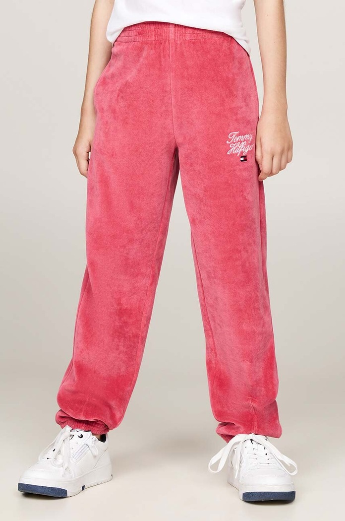 Tommy Hilfiger spodnie dresowe dziecięce TH SCRIPT VELOUR PANT beżowy KG0KG08221.9BYH.104.122